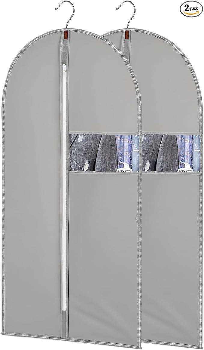 2Pcs Garment Bags Covers, 60Inch Hanging Clothes Bag, Suit Cover Bags with Clear Window for Hanging Closet Clothes Storage and Travel (2, Gray, 60 inch)