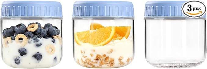 Overnight Oats Containers with Lids, 10oz Wide Mouth Mason Jars with Lids, 3 Pack Glass Jars with Airtight lid for Chia Pudding Yogurt Salad, Meal Prer Oatmeal Jars, Blue