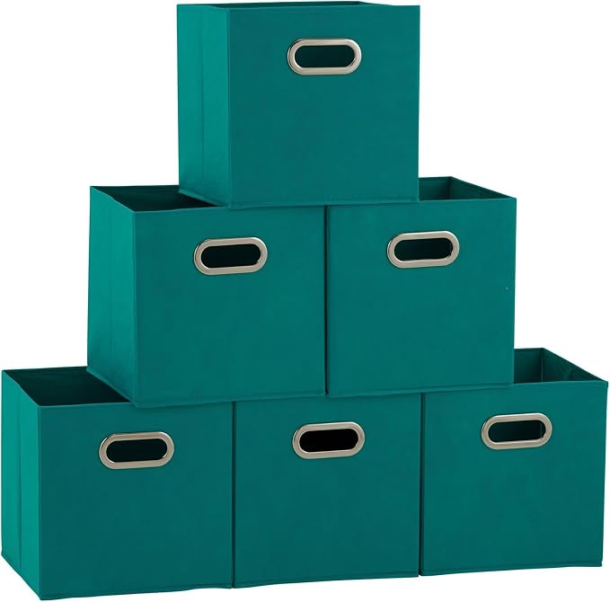 Household Essentials 83-1 Foldable Fabric Storage Bins | Set of 6 Cubby Cubes with Handles | Aqua (Pack of 6)