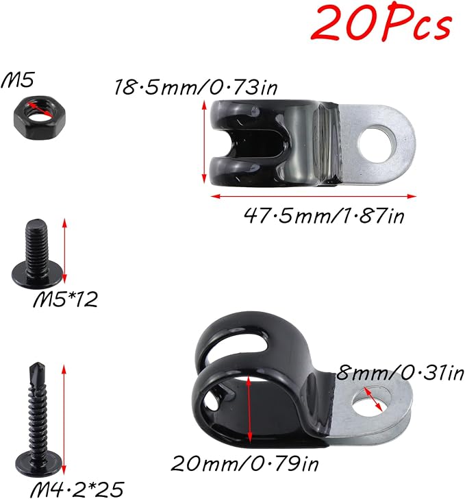 Antrader Cable Clamps, 20Pcs Carbon Steel Rubber Cushion Insulated Loop Clips, 20mm/0.79inch R-Type Cable Management Cord Organizer with Screws