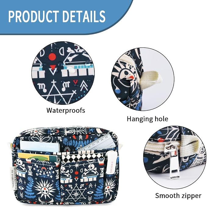 E-WEICHEN Multiple Pockets Portfolio Organizer with Zippered, Makeup Bag Travel Essentials for Women, Simple Waterproof Stationery Pencil Pouch Bag for Journal Office Art Supplies.Black Evil Eyes