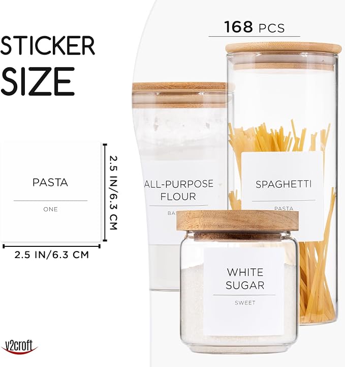 168 Pantry Labels for Food Containers, Minimalist White Matte Stickers Black Fine Line Text,Preprinted Waterproof Label for Glass Jars, Bottles & Canisters,Pantry Organization Storage