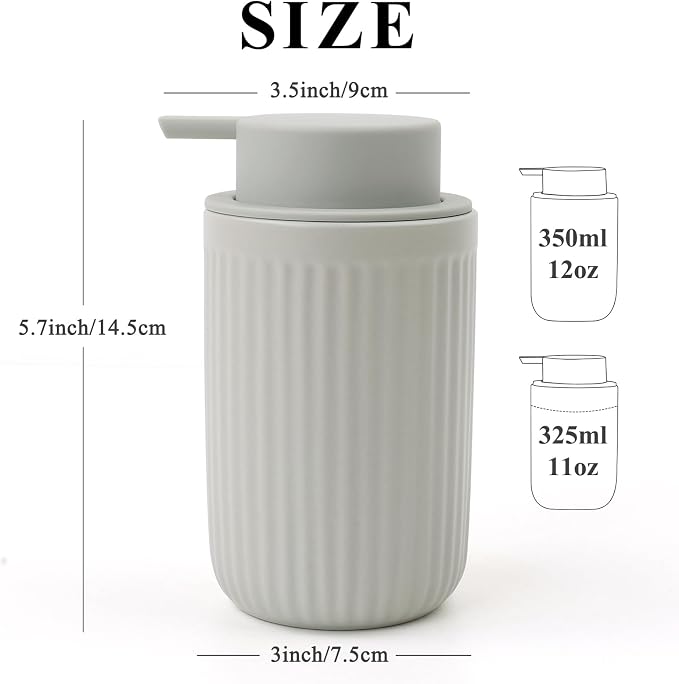 BosilunLife Grey Soap Dispenser Set - 2 Pack 12oz Ceramic Dish Soap Dispenser with Rust Proof Pump for Kitchen, Hand Soap and Lotion Set Suitable for Farmhouse Bathroom Decor