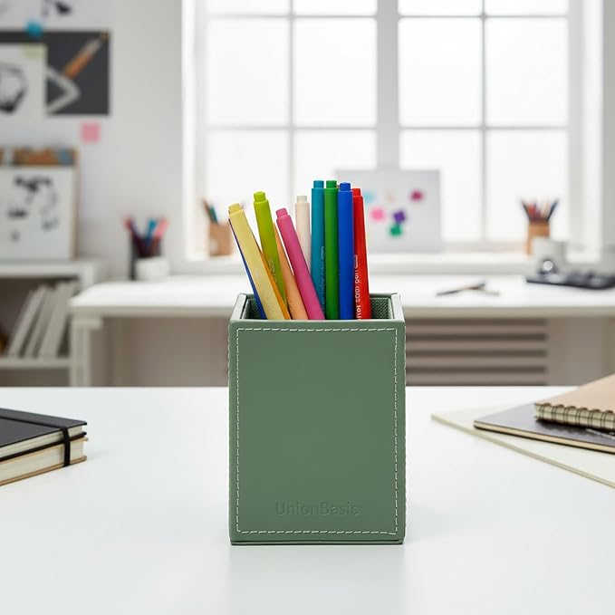 UnionBasic Square Pens Pencils Cup Holder Desk Stationery Organizer, Selected Faux Leather, Malachite Green