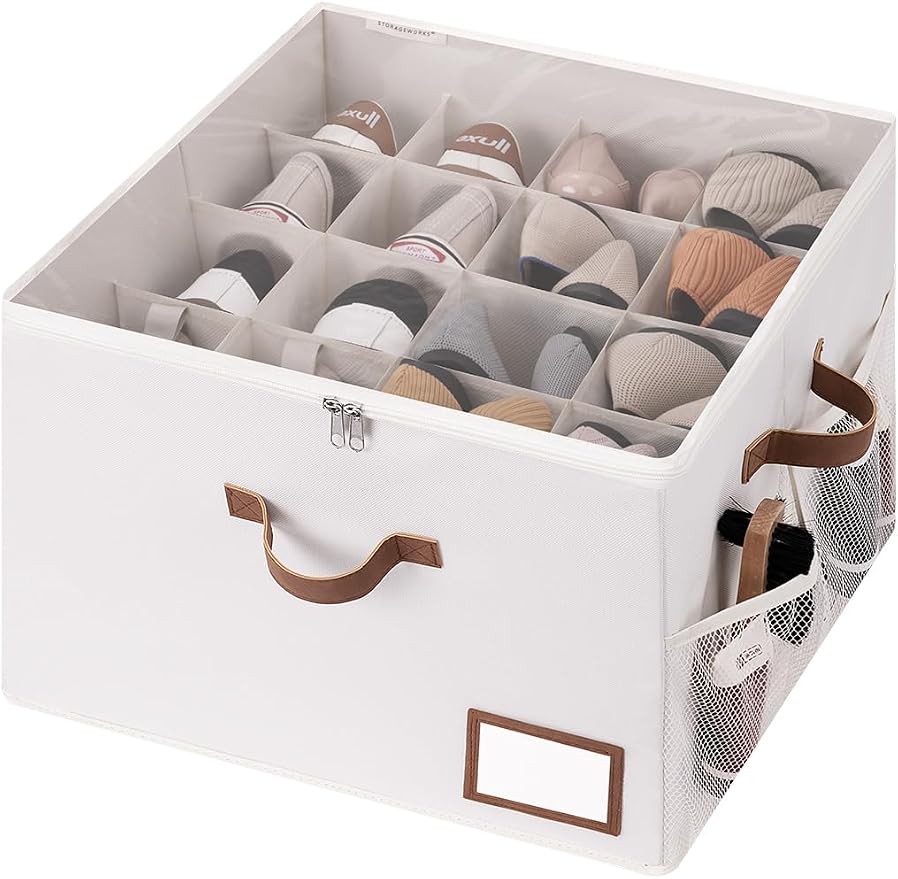 StorageWorks Shoe Storage Organizer for Closet, Up to 16 Pairs, Beige | Fixed Compartments, Clear Lid & Label Window, Side Mesh Pocket for Accessories, Soft Handles, Fits Flats, Sandals & Low-Tops