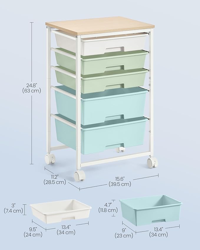 VASAGLE 5-Drawer Rolling Storage Cart, Mobile Organizer Trolley with Wood Top and Metal Frame, for Craft Room, Office, 15.6 x 11.2 x 24.8 inch, Green and White, Benco Collection ULRC005C101