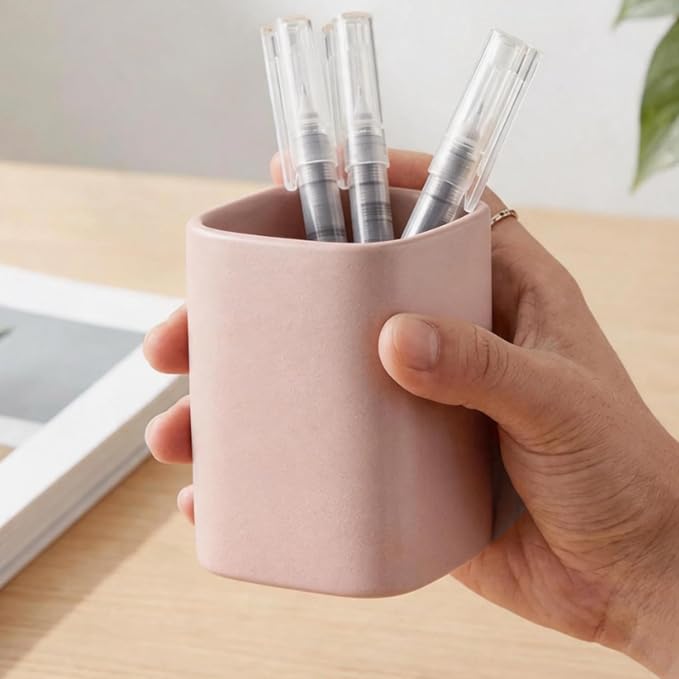 Ceramic Pen Holder Set of 2, Matte Square Pencil Cup for Desk, Heavyweight Stoneware Desk Organizer for Office Front Desk & Vanity, Modern Pen Cups Holder, Non-Slip Base - Matte pink