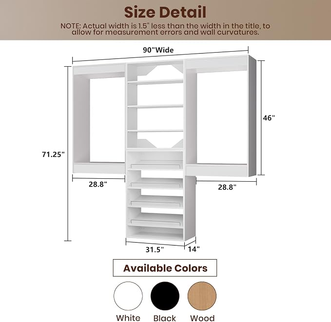 ROOMTEC Modular Closet System, 90" Wall Mounted Closet Organizer with Hanging Rods and Shoe Shelf, Wooden Tower for Walk-In Closets, Wardrobe Storage Kit, White