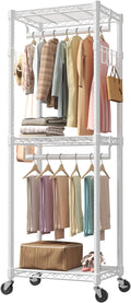 OLIXIS Clothes Rack Heavy Duty Adjustable Garment Clothing Rack with Wheels, Rolling Metal Freestanding Closet Organizer for Hanging Clothes with 2 Side Hooks, Double Rods, 23.6"x15.7"x74.4", White