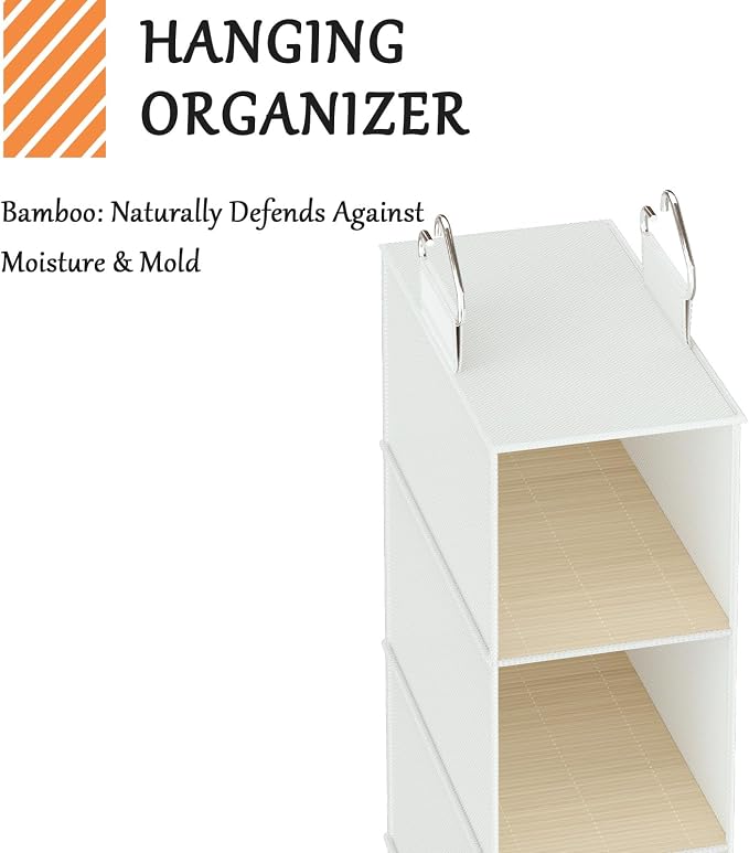 Hanging Shoe Shelves - 6 Section,Closet Organizer Set of 2 with Woven Bamboo Shelves,Slim 5.5” Wide Design for Space-Saving Storage,White