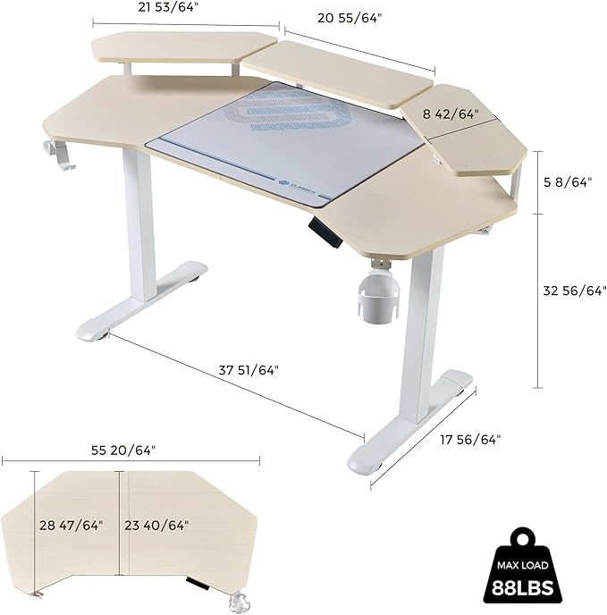 EUREKA ERGONOMIC Aero 55 Inch W Shaped Electric Standing Desk, Height Adjustable Computer Gaming Desk with LED Monitor Shelf, Mouse Pad, Headphone Hook, Cup Holder, Natural Maple
