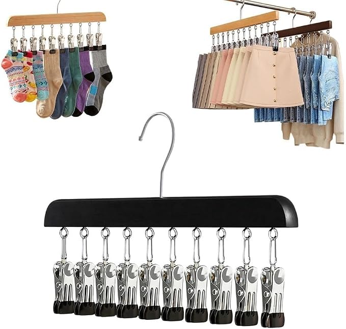 10/12-Clip Wooden Hanging Organizer, Sturdy Rack for Pants, Leggings, Socks, Hats, Scarves, Multi-Purpose Closet Storage for Home Use (1, Dark 10clip)