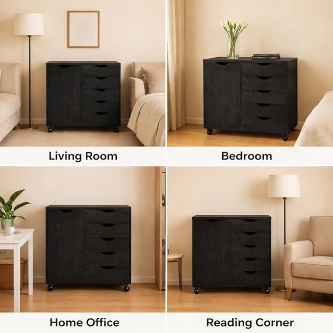 Naomi Home Wooden 5 Drawer Dresser with Cabinet Shelves and Wheels, Drawer Dresser for Bedroom Closet and Dressing Room Storage in Distressed Black