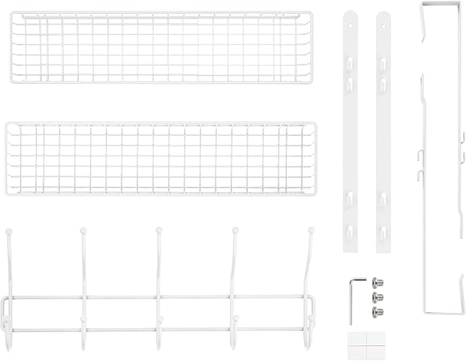 Over The Door Hanger Organizer with 2 Mesh Baskets & 5 Towel Hooks, Detachable Behind The Door Storage Towel Rack for Coats, Hats, Handbags, Easy Install Metal Hanging Hook Coat Rack Shelf, White