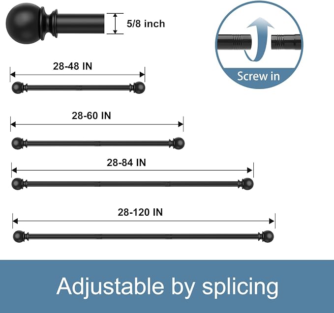 Black Curtain Rods for Windows 28 to 48 Inch,2 Pack 5/8 Inch Diameter Stainless Steel Adjustable Heavy Duty Curtain Rod with Brackets, Easy Installation for Indoor and Outdoor