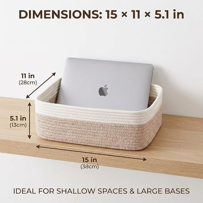 Large Shallow Basket, 15"x11"x5.1", Baskets for Organizing 3 Pack | Shallow Storage Basket for Shelves, Living Room, Nursery, Bathroom, Cotton Rope Basket Organizer, Decorative Flat Basket Tray
