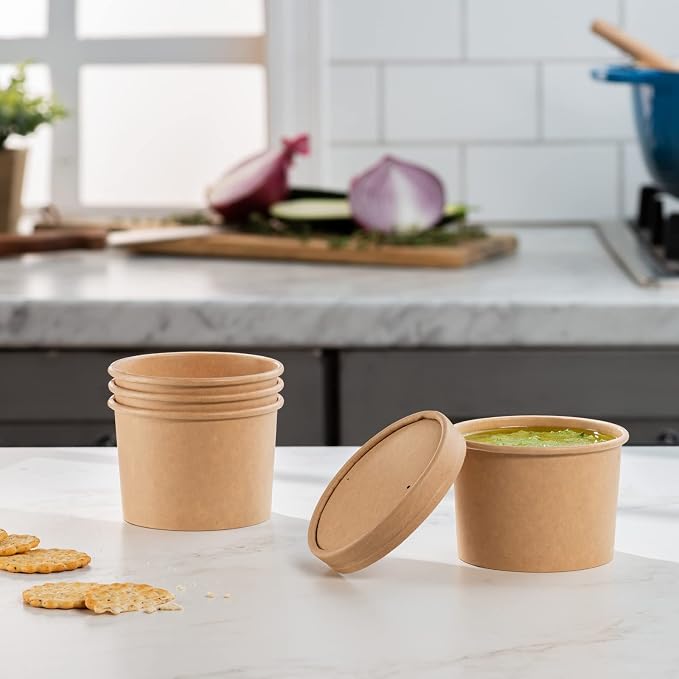 GUSTO 12 oz. Kraft Paper Food Containers with Vented Lids - [25 Count] To Go Hot Soup Bowls, Disposable Ice Cream Cups, Ideal for Hot and Cold Foods - (Formerly Comfy Package)