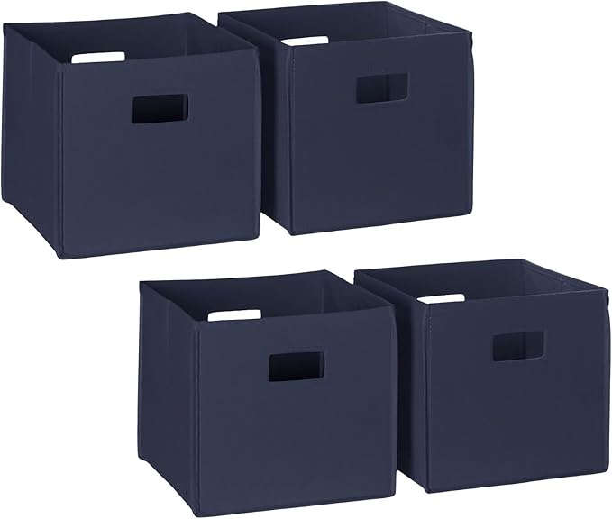 RiverRidge Folding Storage Bins - 4-pack of 10in Tall Navy Cubes | Fabric Bins, Set of 4 Storage Cubes, Cut-out Handles, Playroom Closet Organizer, Collapsible Cubby with Bottom Board Insert