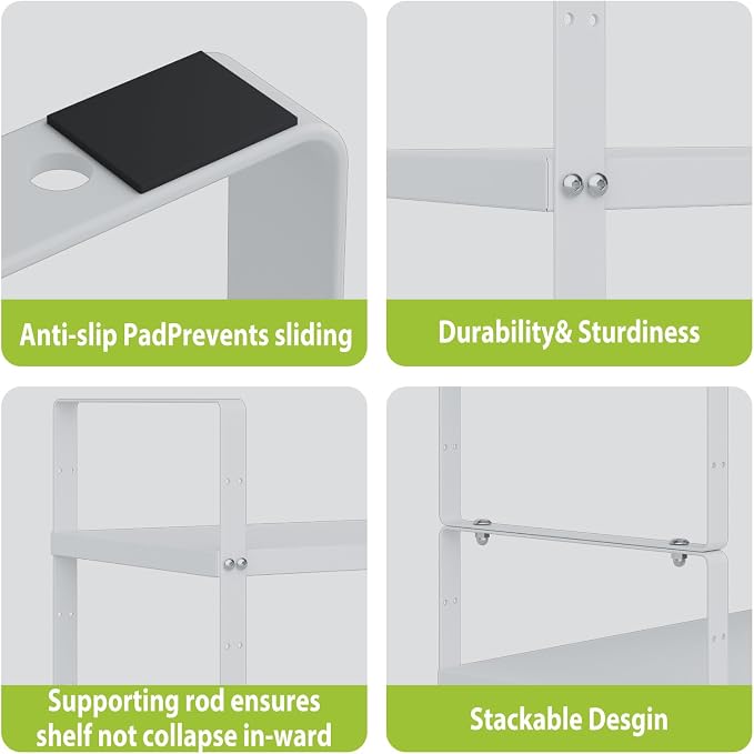 Expandable Cabinet Shelf Organizer Rack, Stackable Kitchen Counter Storage Shelves Stand, Adjustable Height Pantry Shelf Spice Rack (White-2 Pack, 8.7" D x 15.4-26.8" W x 9.8" H)