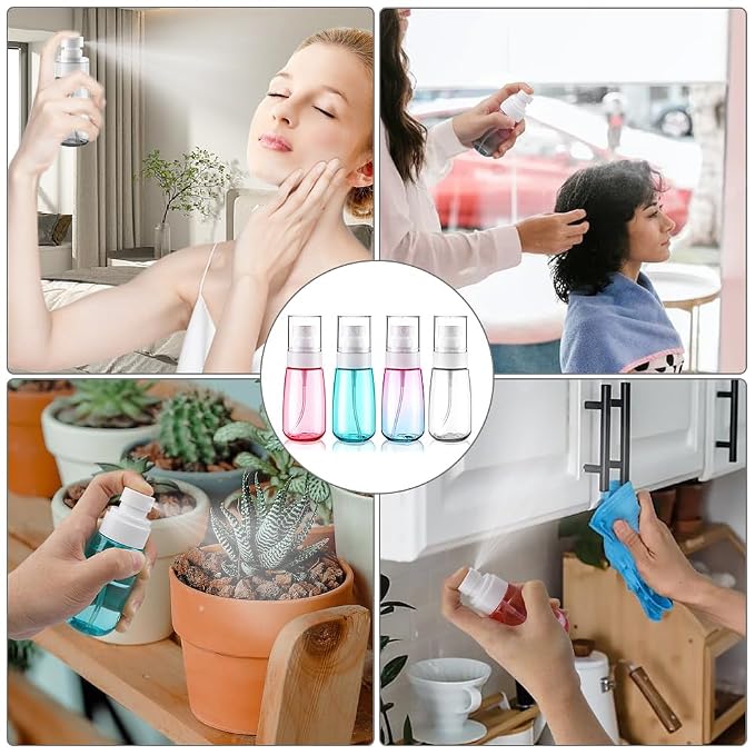 Cosywell Fine Mist Spray Bottles TSA Approved 2oz 60ml 4 Pack Leak Proof Fine Mist Spray Bottles Empty Plastic Refillable Mist Sprayer for Perfume Essential Oils Toners Rose Water Cosmetics(4Colors)