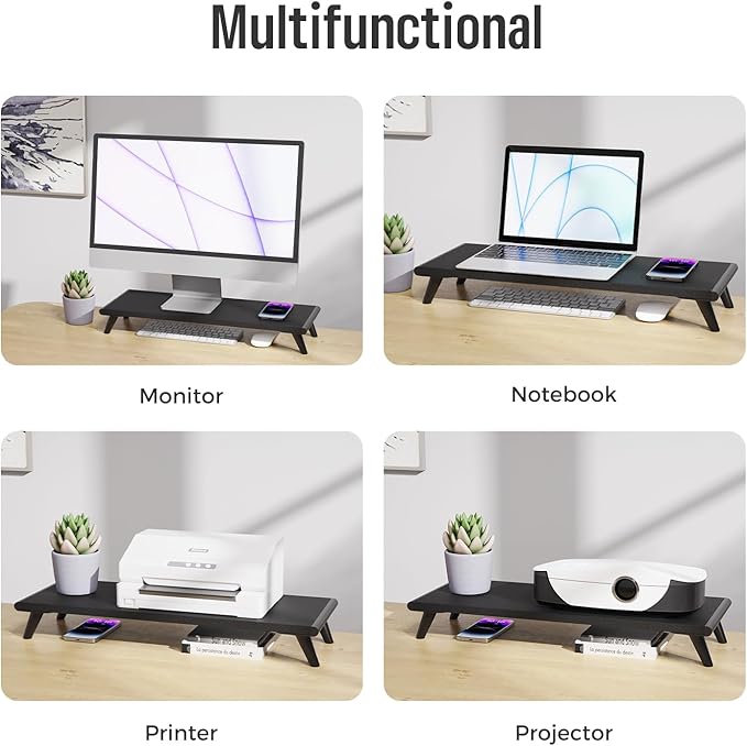 loukin Monitor Stand Riser for Desk, 22.4" × 8.2" Computer Stand, Black | Supports 22 lb, No Installation Required, Water-Resistant Surface, Fits Laptops and Printers, Ergonomic Design