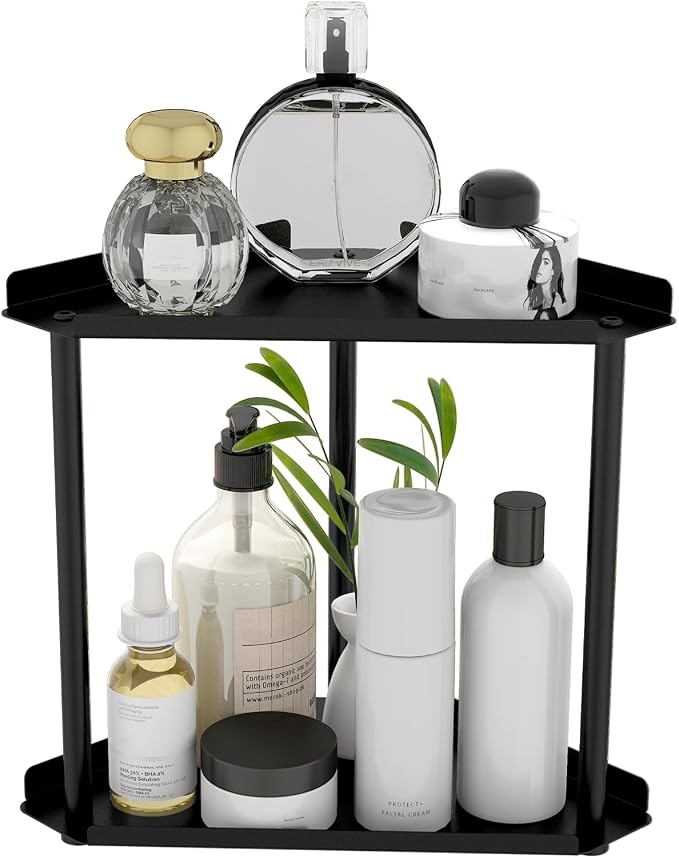 FLE Corner Bathroom Counter Organizer, Bathroom Organizer Countertop Black | 2 Tier Corner Shelf, Tabletop Mount,Waterproof solid shelf fits bathroom toiletries and kitchen condiment storage.