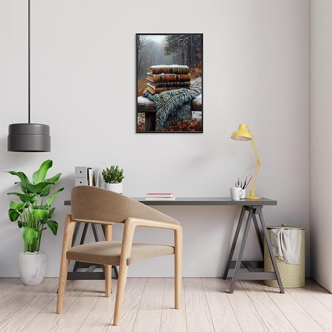 Vintage Books Winter Book Lover Art Aesthetic Poster Canvas Wall Art Decoration Living Room Home Decor Bedroom Decoration Poster black framed20x30inch