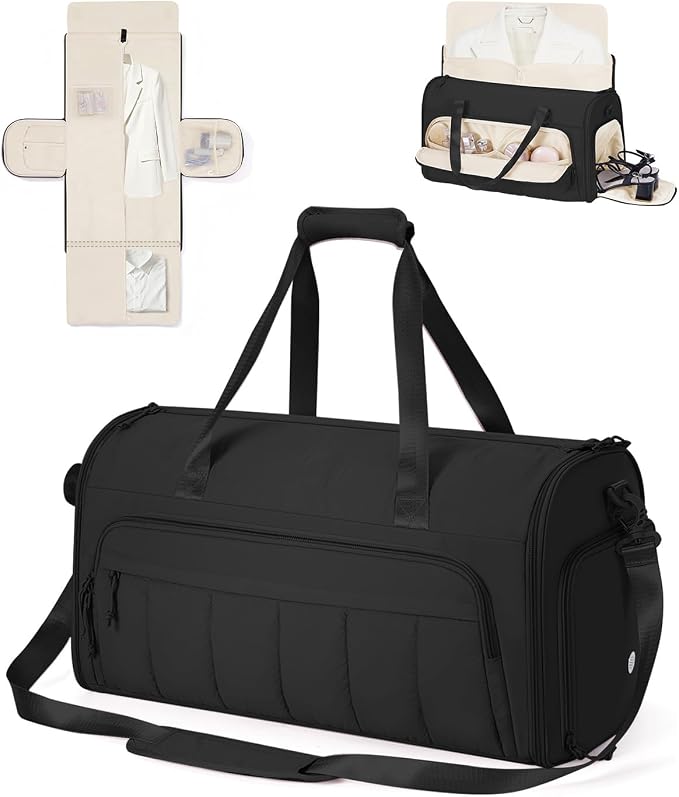 WANDF Convertible Garment Bags for Travel with Wet Pocket Carry on Garment Duffle Bag 2 in 1 Puffy Hanging Clothes Travel Bags with Shoe Compartment for Airplanes Business Weekend Gym Wedding (Black)