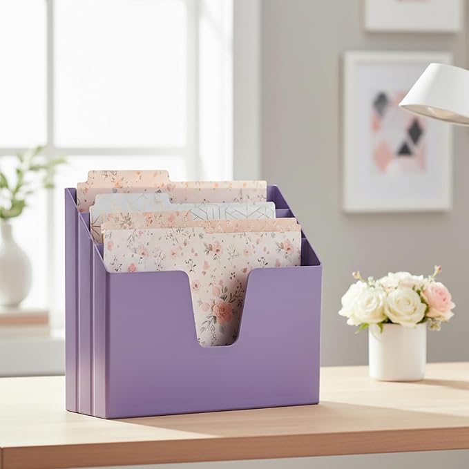Acrimet Horizontal Triple File Folder Holder Organizer, Open Top Desktop Document Sorter for Letter Size Papers & Folders, Plastic (Solid Purple) | 3 compartments to separate and organize documents, folders and papers