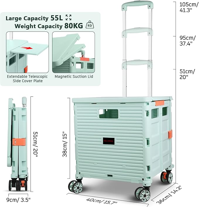 Foldable Utility Cart Collapsible Portable Crate Rolling Carts with Wheels Tote Basket with Magnetic Lid Telescopic Cover Wear-Resistant 360°Rotate Wheel Noiseless for Shopping Storage Office Use