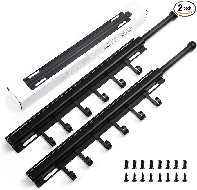 BaiNong Valet Rod for Closets Pull Out 16.5" Black with 6 Hooks (2Pack) | Closet Valet Rod Slide Out for Closets, Laundry Rooms, RVs Space-Saving