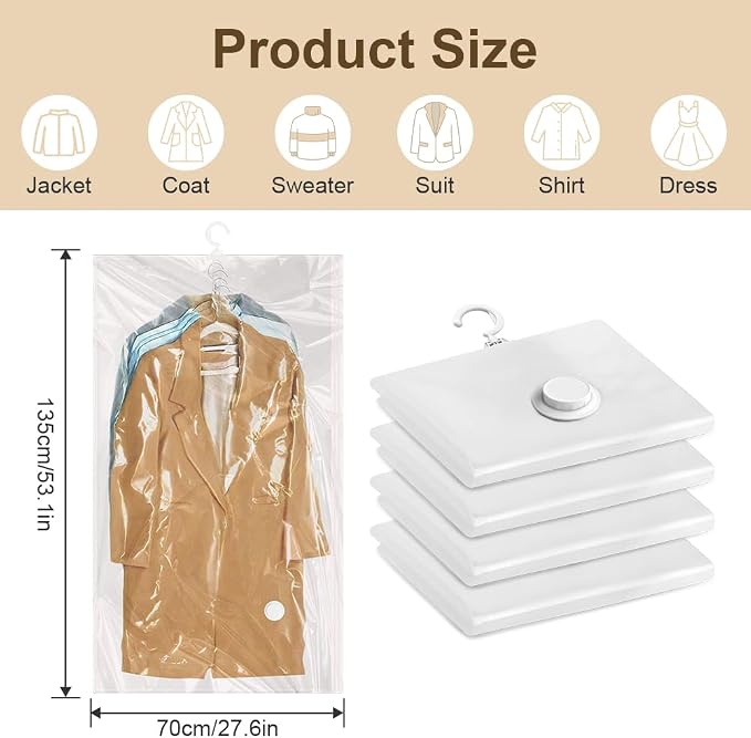 Flintronic Hanging Vacuum Storage Bags, 4pcs 135x70cm Vacuum Compression Zipper Storage Bags, Space Saver for Clothes, Suits, Dresses, Coats or Jackets