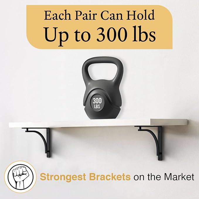 Classic Black Heavy Duty Shelf Brackets 12 inch by Balin Designs – L Bracket, Wall Mounted Support, Shelving Metal Bracket, Decorative Shelf Brackets, with Hardware Included, Set of 2