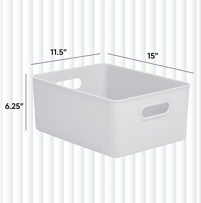 Superio Ribbed Collection - Decorative Plastic Basket Open Home Storage Bins Organizer, Large White Smoke (1 Pack) Container Boxes for Organizing Closet Storage Bins for Shelves 15 Liter/16 Quart
