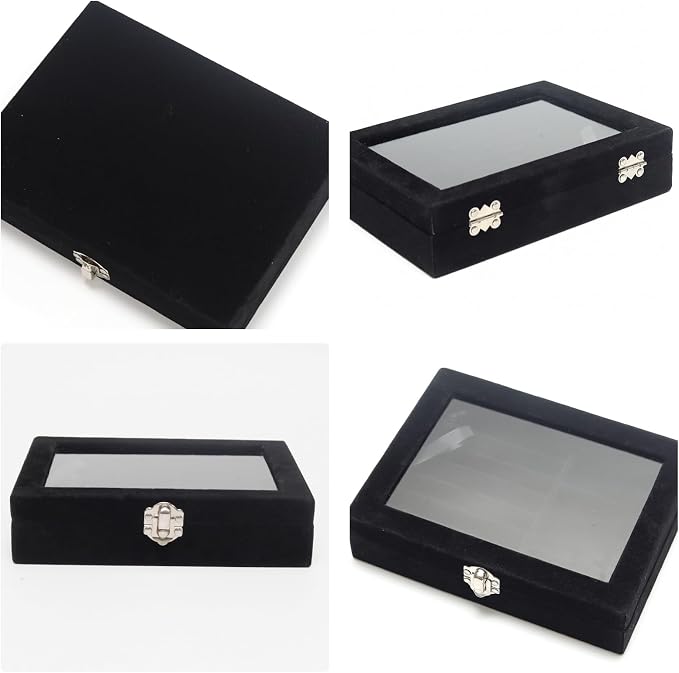 Small Velvet Jewelry Tray with Clear Lid, Lockable Ring Earring Holder Organizer Storage Box Case Jewelry Box Organizer for Rings Earrings Bracelets Brooches, 2-in-1 Black