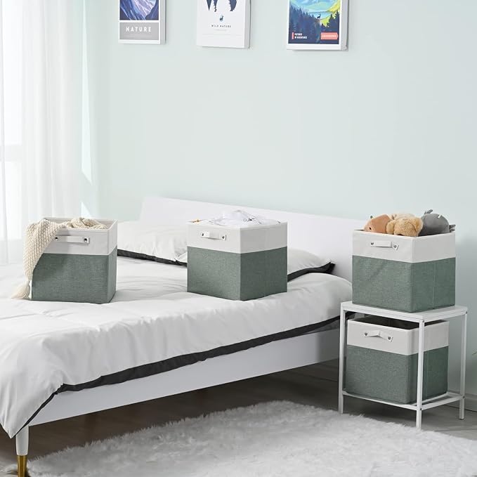 FinishingBo 13 x 13 Inch Fine Linen Storage Bins with Handles，Fabric Cube Boxs，Basket Organizers for Shelves for Home, Closet Drawers (White/Green-6 Pack)