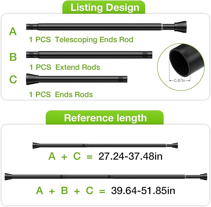 2 Pack Tension Rod 28 to 48 Inch Black Curtain Rods No Drilling Spring Curtain Rods for Windows Adjustable curtain Rod Expandable Tension Rod for Windows,Doorway,Closet,Bedroom