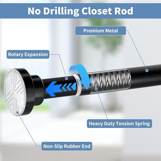 No Drilling Adjustable Closet Rod, 26-80 Inches Heavy Duty Tension Rod for Hanging Clothes for Closet, Laundry Room & RV, Black