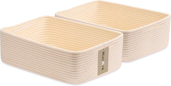 MiniArk Large Shallow Organizing Baskets 15x11x5.1 Inches - Rope Woven Storage Bins for Bathroom, Shelves, Cube Closet, Beige 2 Packs