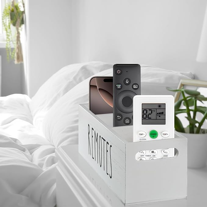 Remote Control Holder for Table, Wooden TV Remote Holder, Remote Storage Box Organizer, Remote Caddy for Bedside, Couch- White (3 Compartments)