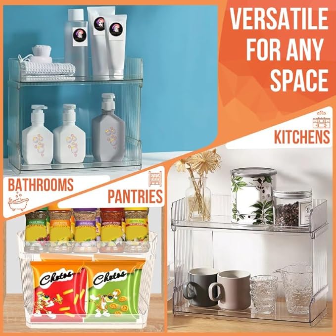 Skywin TidyFriend Stackable Plastic Storage Bins Open Front, 2-Tier Acrylic Pantry Organizer Bins With Linear Design for Kitchen, Toy Organizers and Bathroom Essentials (Clear)