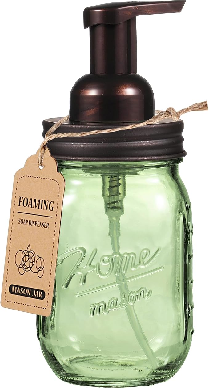 Amolliar Mason Jar Foaming Soap Dispenser, 16OZ Green Glass Hand Soap Dispenser, Plastic Pump & Stainless Steel Lid, Kitchen Dish Soap Bathroom Accessories, Farmhouse Soap Pump Bottle, Bronze 1 Pack