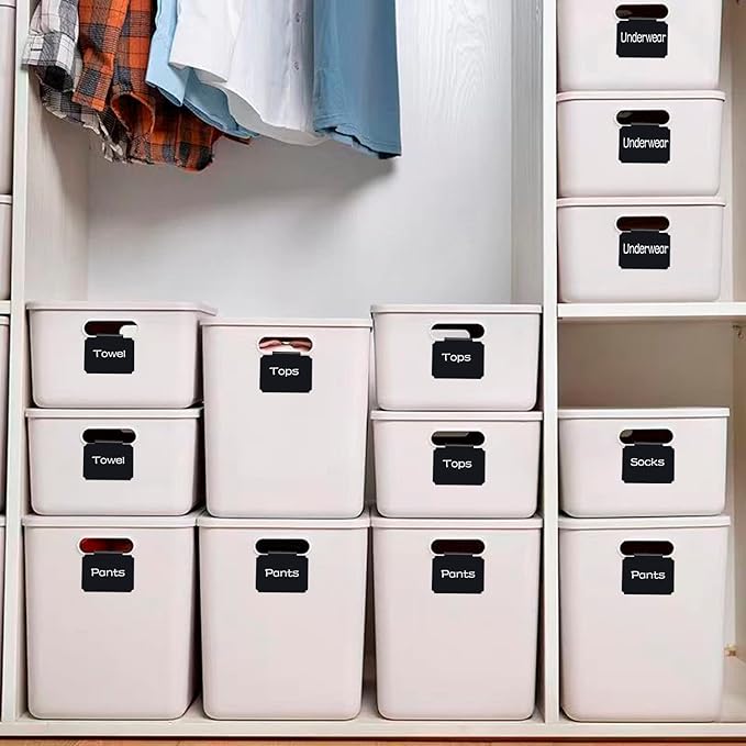 20 Basket Labels Clip On, Reusable Labels for Storage Bins, Removable Chalk Labels for Containers, Kitchen Closet Baskets and Storage Basket Holders with 2 White Chalk Markers