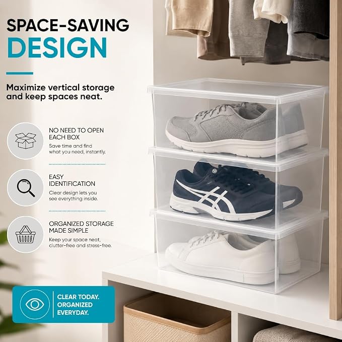 Superio Shoe Box Modern Storage Container - 6.5 Quart/6 Liter, Stackable Plastic Shoe Box Organizer (13.5"L x 8.35"W x 5.2"H)