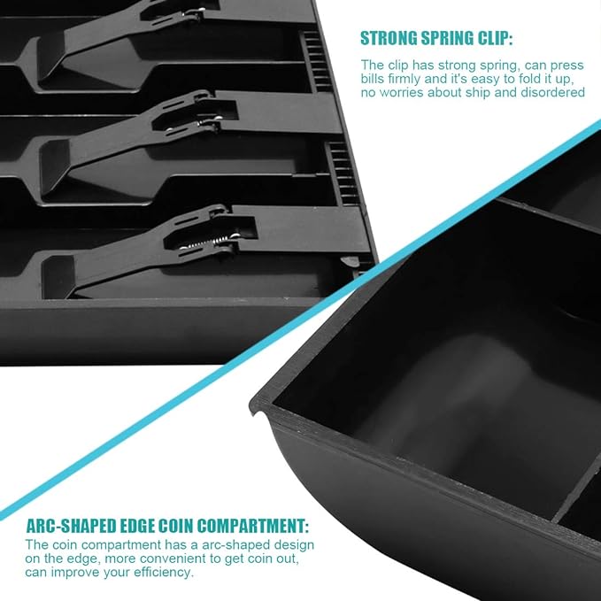 Cash Register Drawer Insert Tray with 4 Bill/3 Coin Compartments for Money Storage, Black