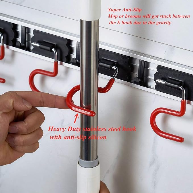 Wall Mounted Mop and Broom Holder Stainless Steel S Type Broom Rack Anti-Slip Mop Organizer (16.5 Inches,3 Positions 2 Hooks, Red black)