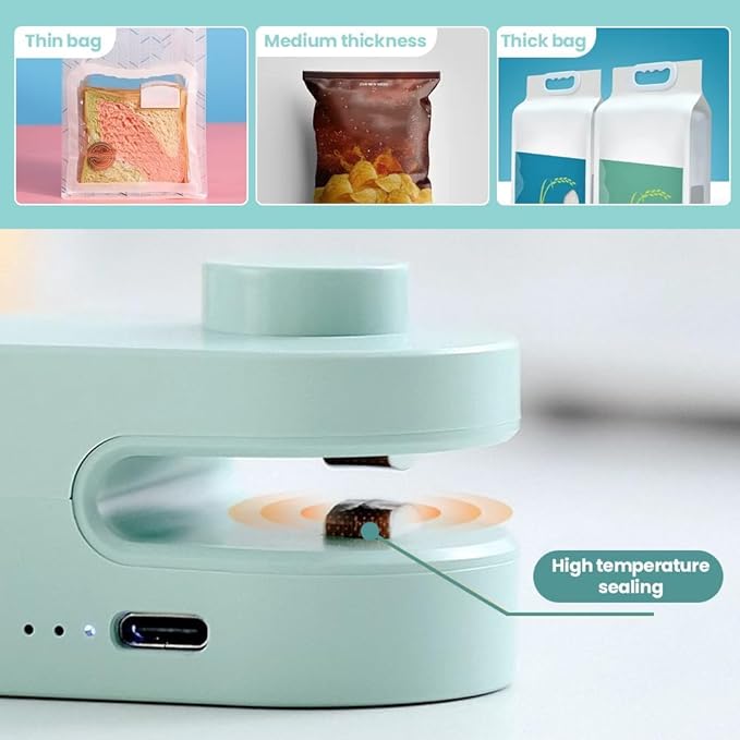 4 in 1 Mini Bag Sealer, 2024 New Mini Bag Sealer with Cutter USB Rechargeable Chip Bag Sealer Heat Seal Portable Bag Resealer for Plastic Bags Snacks & Food Storage Chip Bag Sealer (Green, 2pcs)