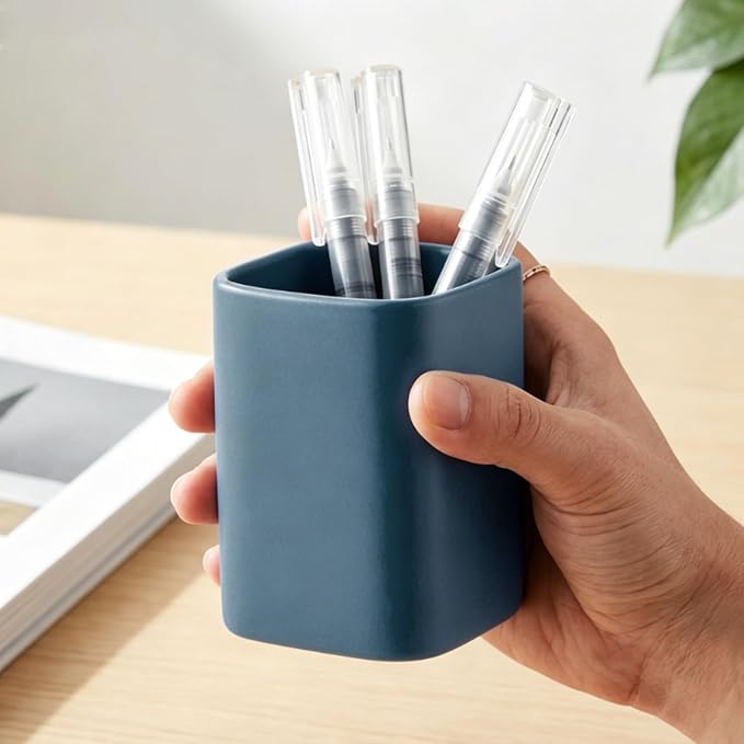 Ceramic Pen Holder Set of 2, Matte Square Pencil Cup for Desk, Heavyweight Stoneware Desk Organizer for Office Front Desk & Vanity, Modern Pen Cups Holder, Non-Slip Base - Matte blue