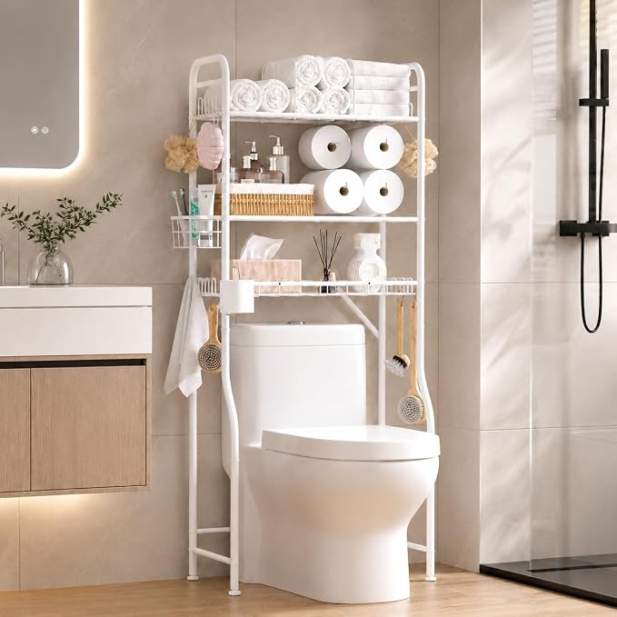 TETOTE Over The Toilet Storage Rack, 3-Tier Bathroom Organizer Shelf Over Toilet with Toilet Paper Roll Holder, Freestanding Metal Rack, White