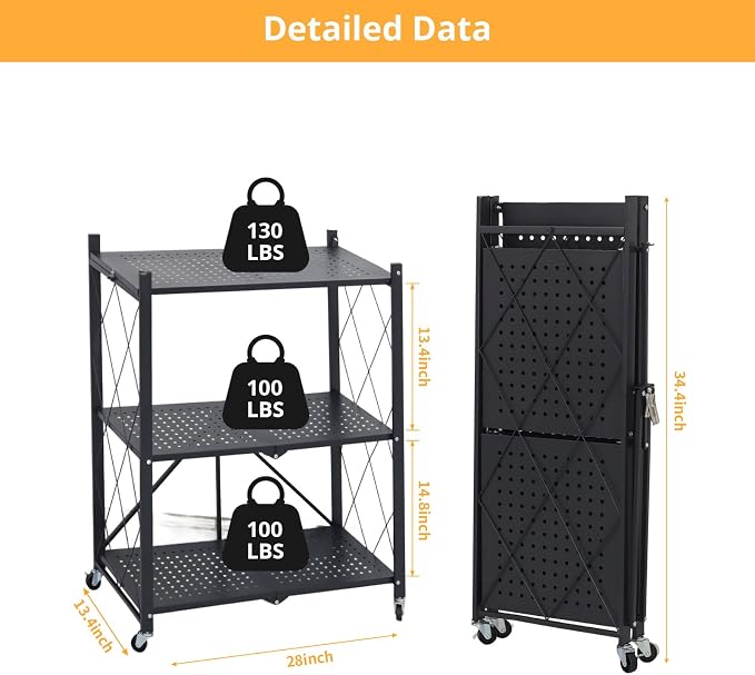 COKIHOM 3-Tier Folding Shelf, No Assembly Metal Shelving Unit with Wheels, Heavy Duty Folding Bookshelf, Space Saving Foldable Storage Shelf for Kitchen, Books, Pantry, Bathroom Organization